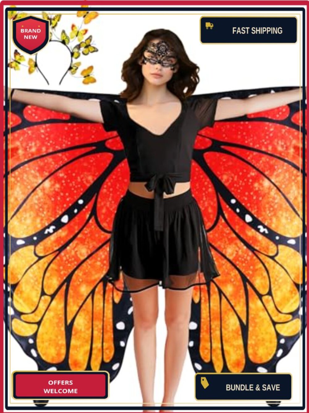Double Sided Butterfly Wings Costume Set with Headband Fairy Cosplay